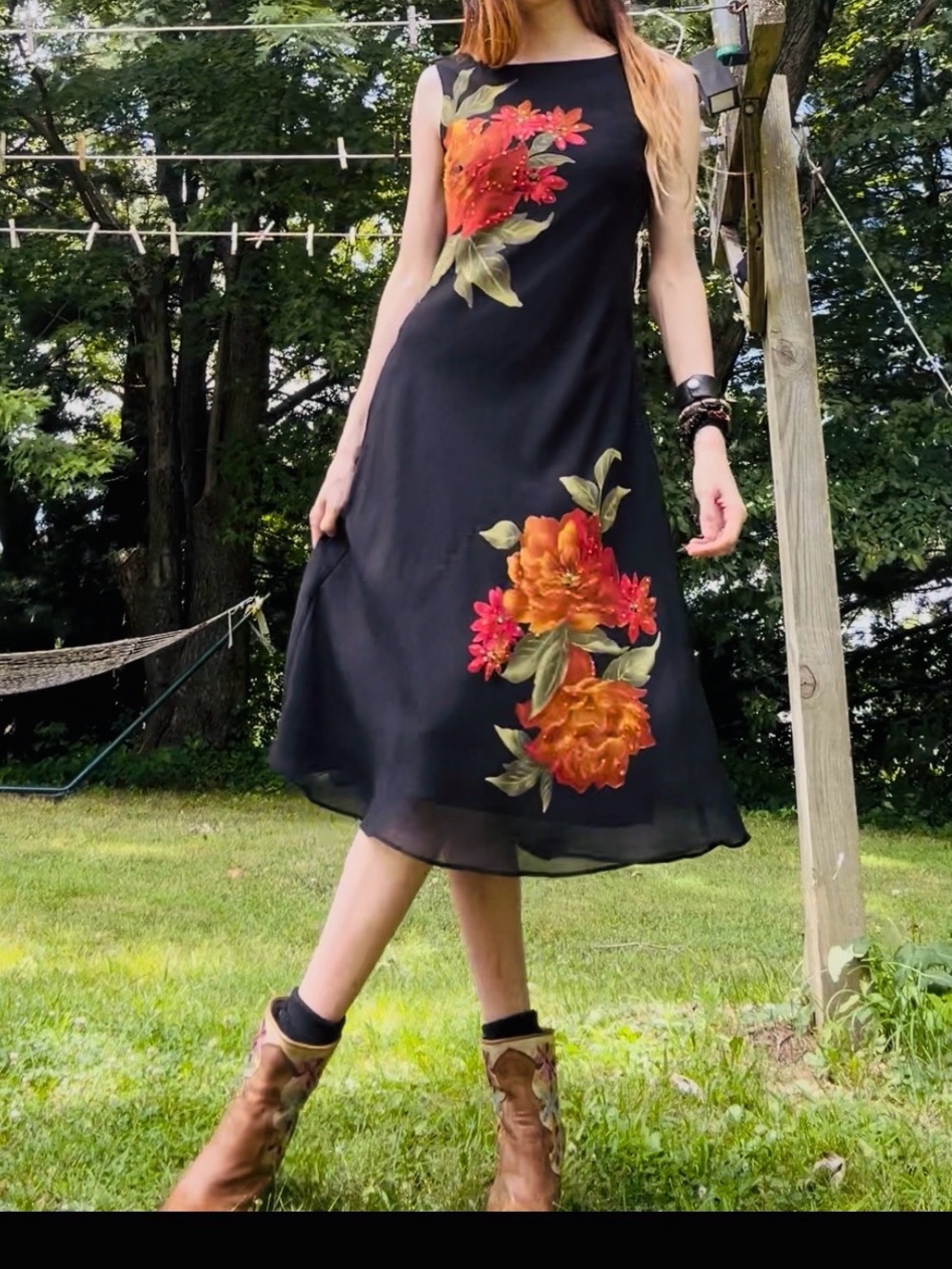 Vintage 90s/Y2K Black Drape Floral Midi Dress
